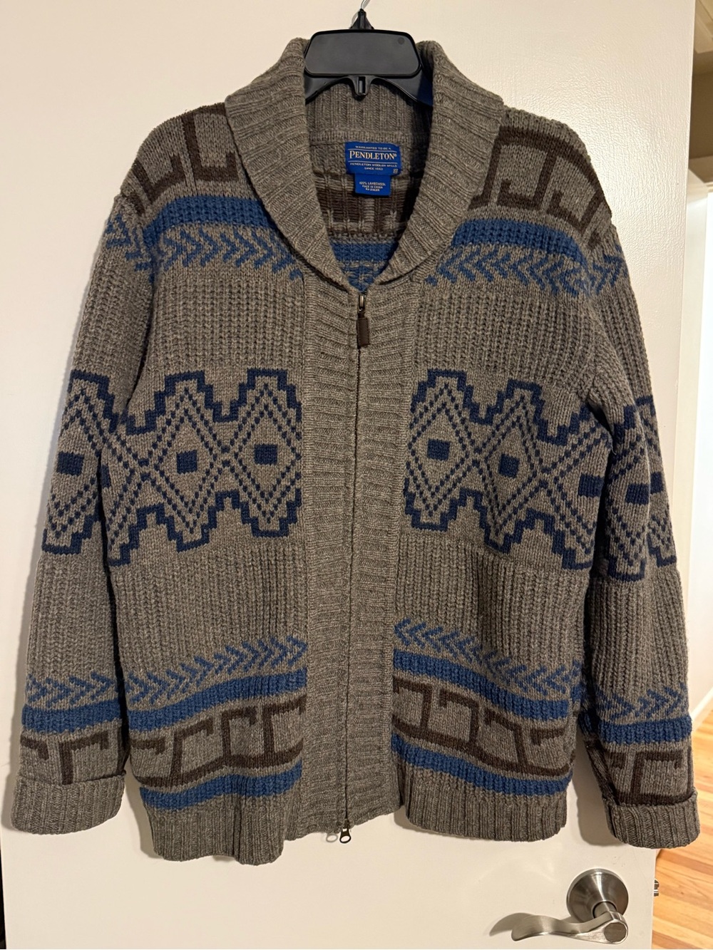 Pendleton Men's Gray Zip Shawl Collar Sweater with Blue and Brown Pattern
